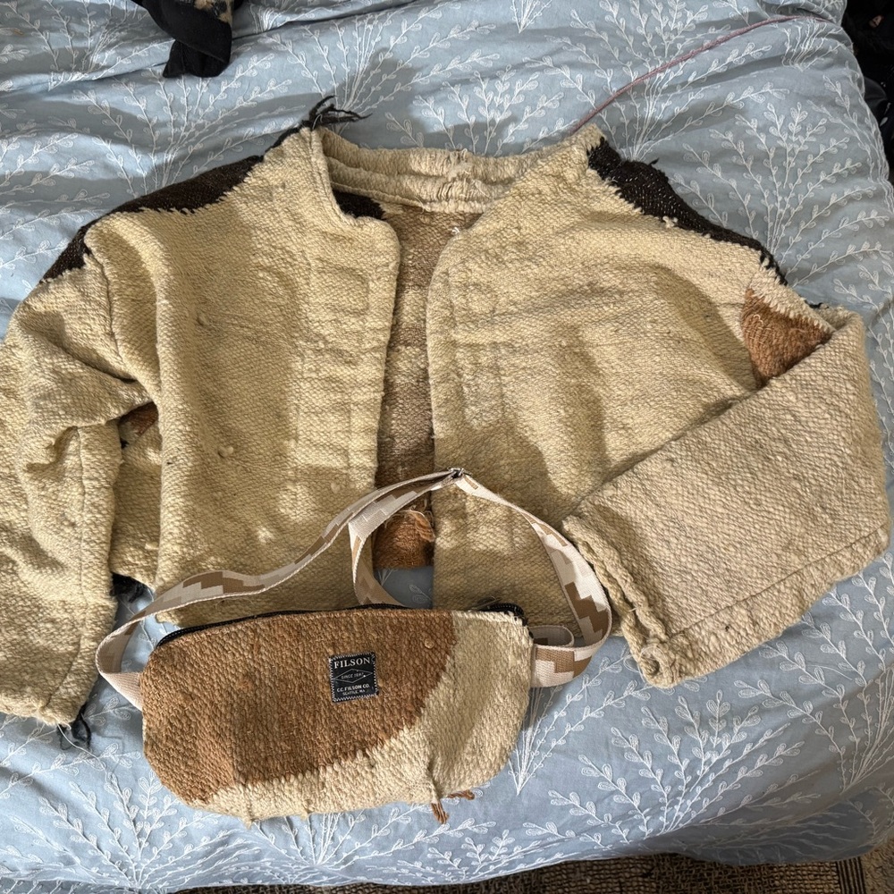 Beige and Brown Textured Jacket with Bag